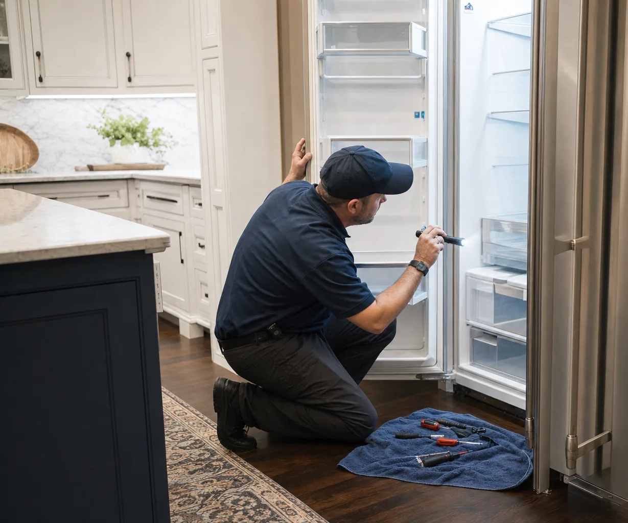 Technician repairing a built-in refrigerator mid-repair