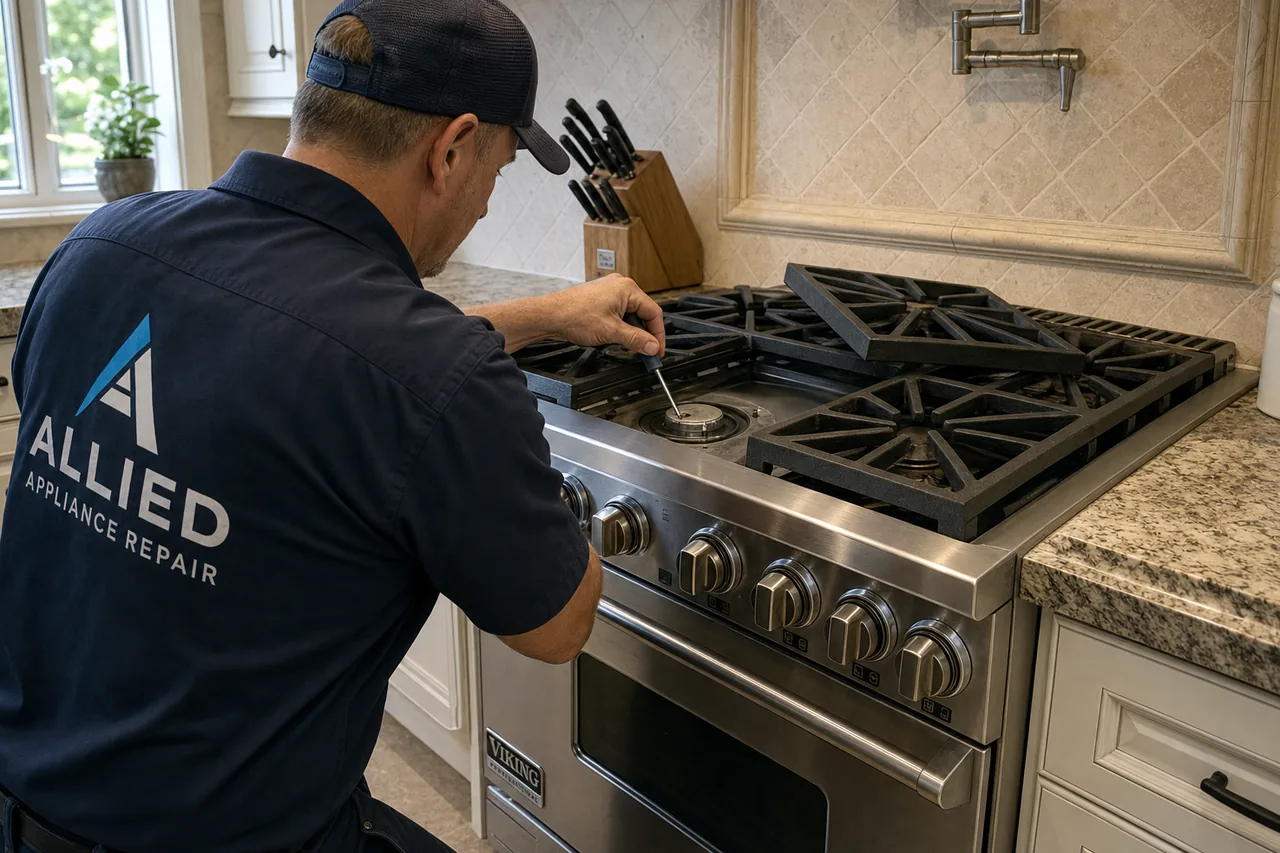 Technician servicing a stainless Viking range