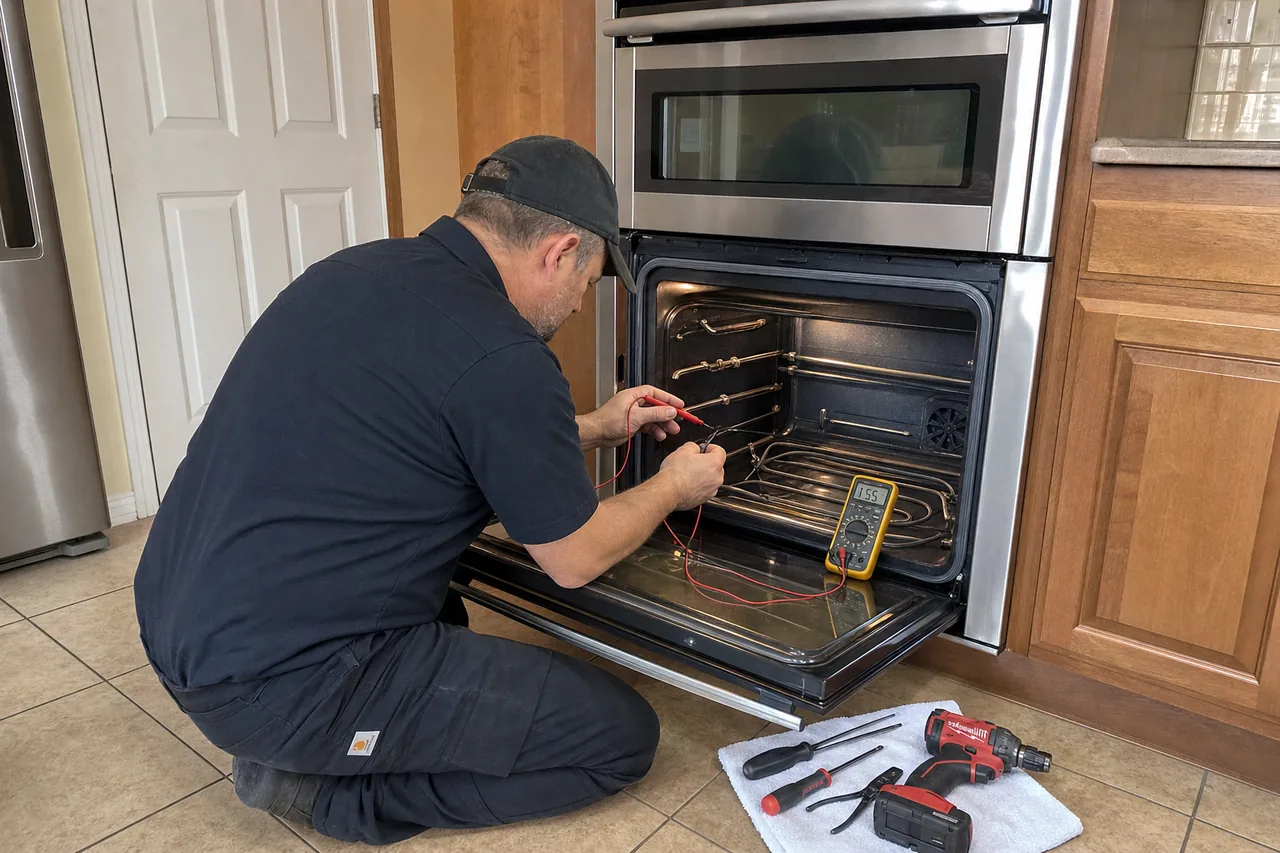 Technician servicing a built-in wall oven in a Westport kitchen